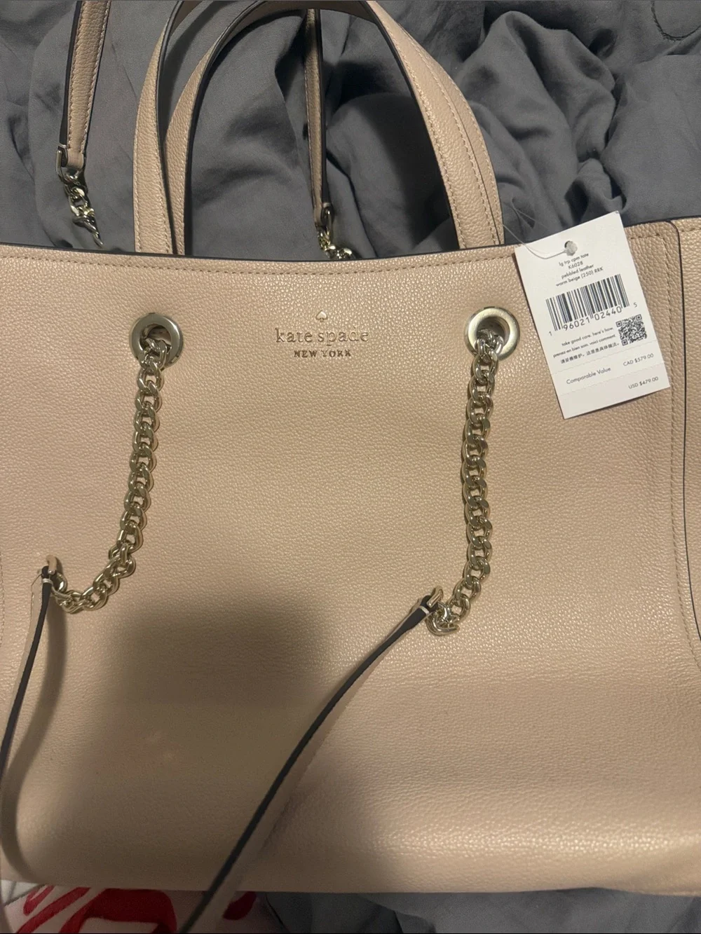kate spade leather tote in blush beige with gold chain